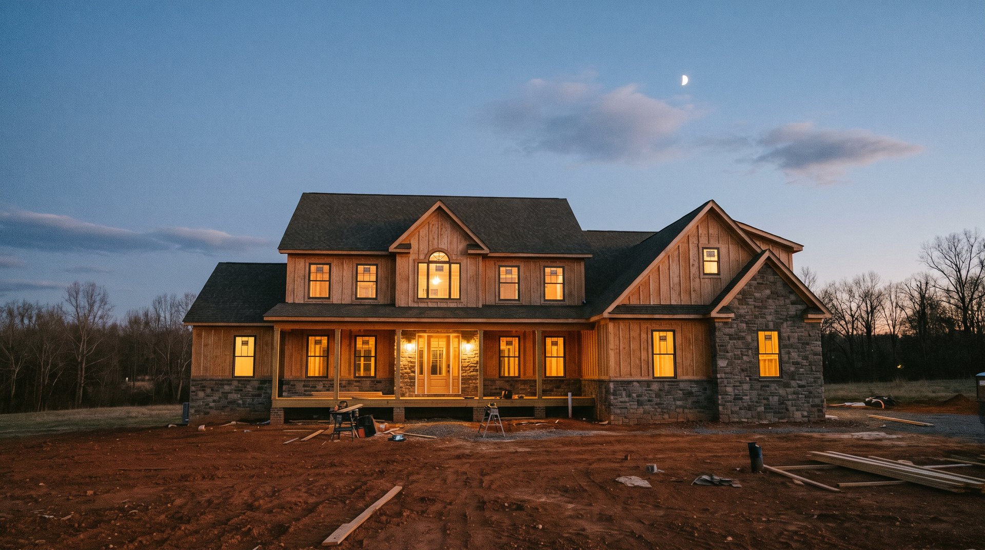 A custom home at dusk during construction in Central Virginia