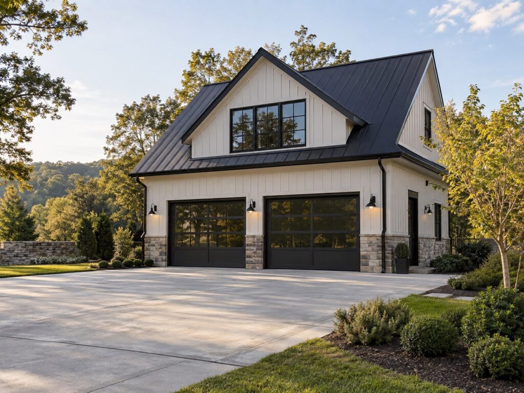 A custom detached two-bay garage with board-and-batten siding, a stone base and a standing-seam roof