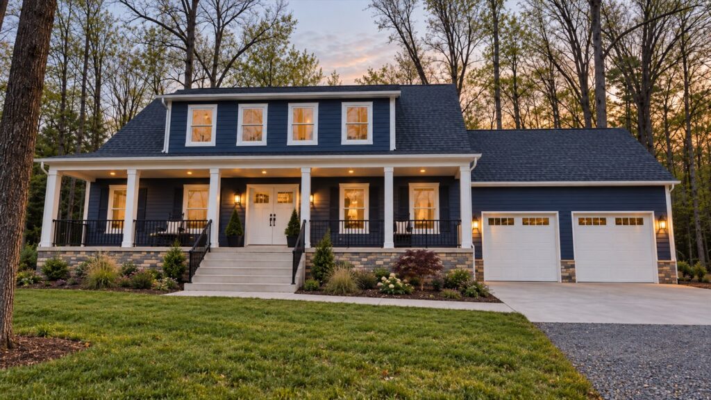 Front elevation of a navy and white custom home with a porch and attached garage