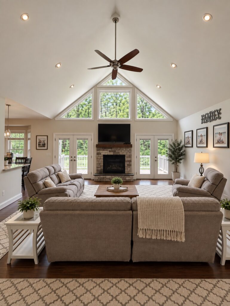Great room in a custom home with a vaulted ceiling, fireplace and tall windows