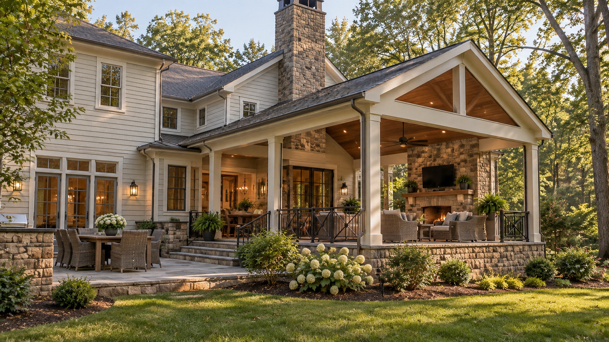 Custom home addition with a covered outdoor living space and stone fireplace