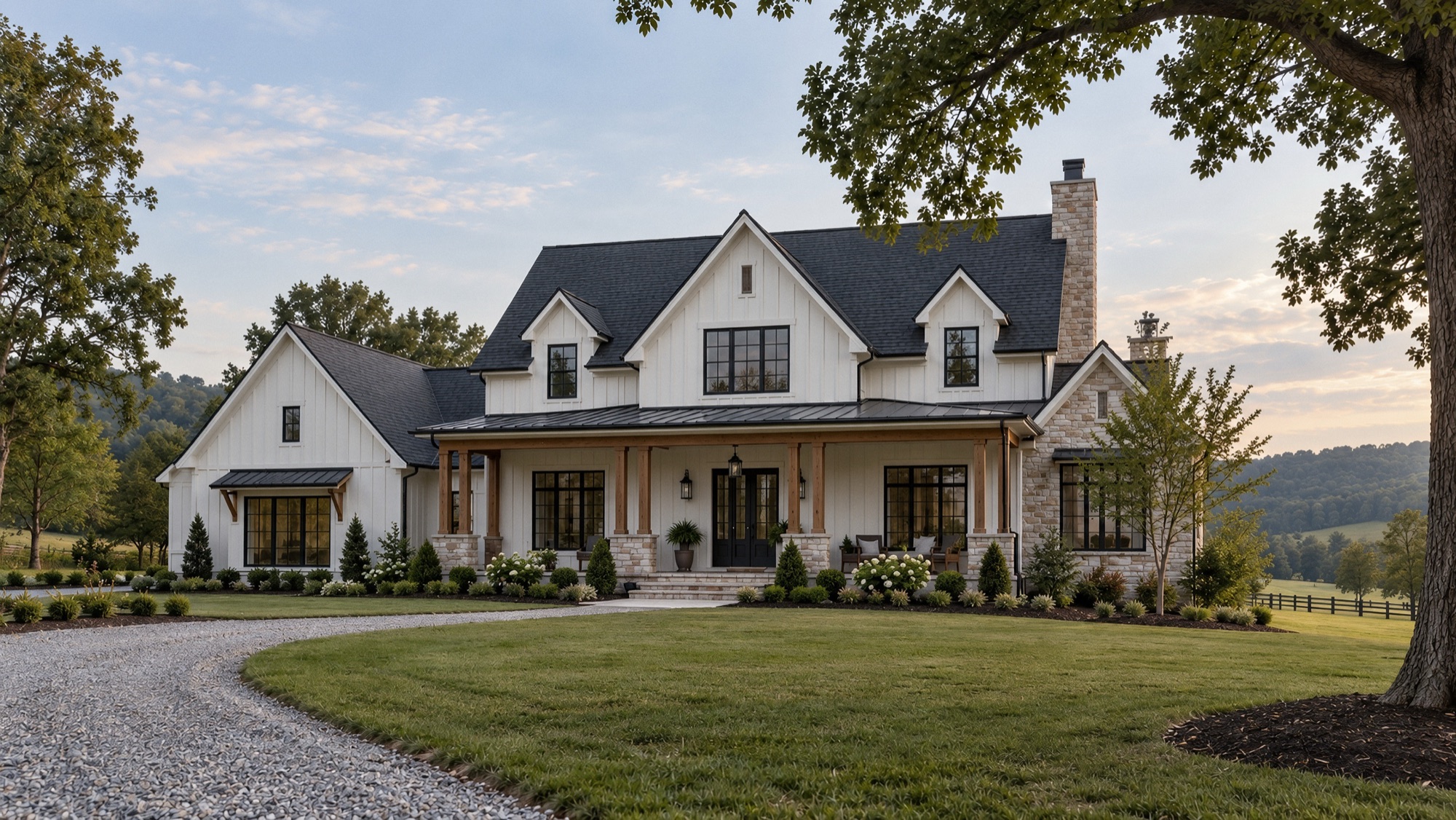 Custom farmhouse-style home with a wraparound porch