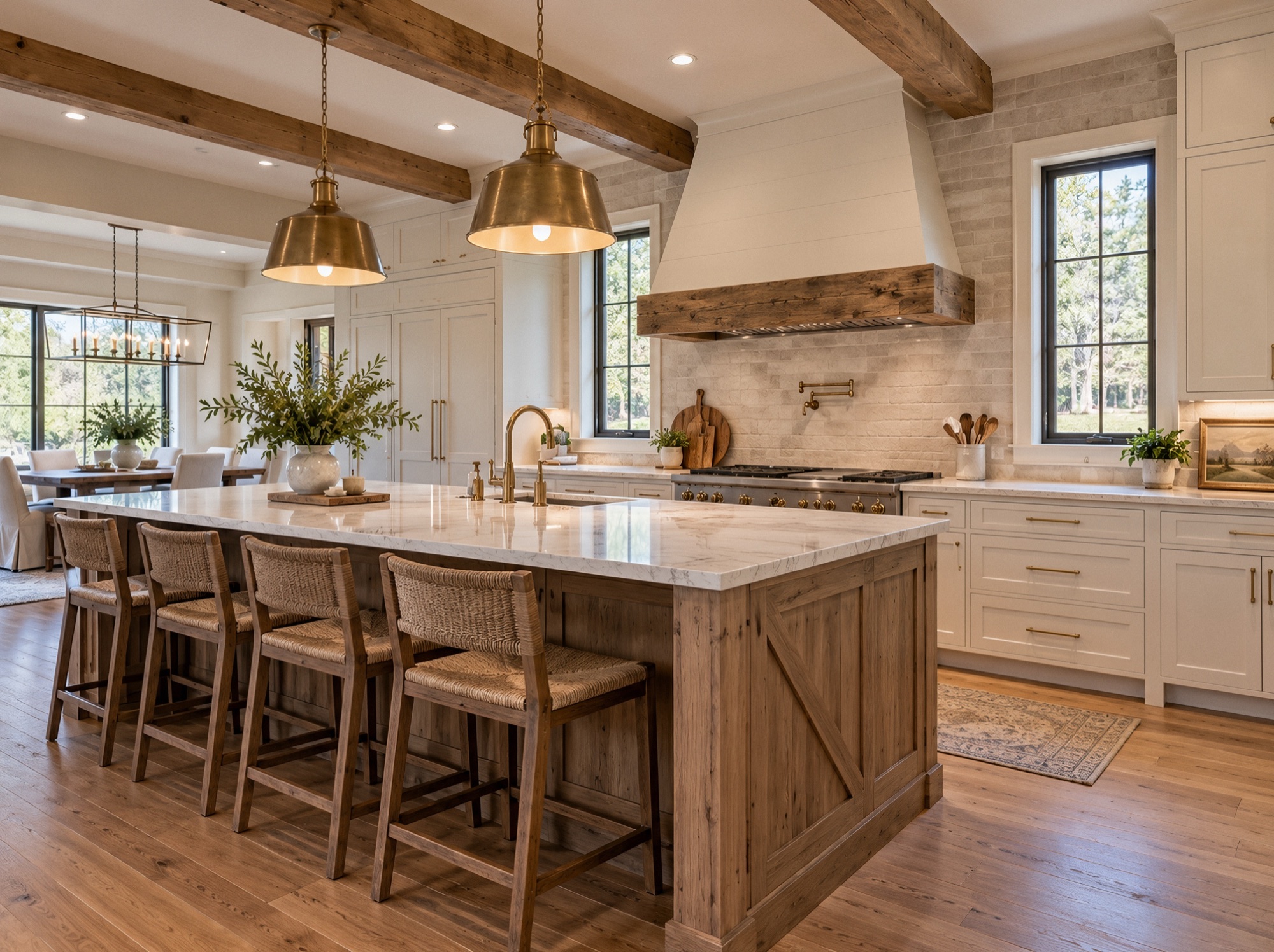 Custom kitchen with exposed beams, a wood island and brass pendants