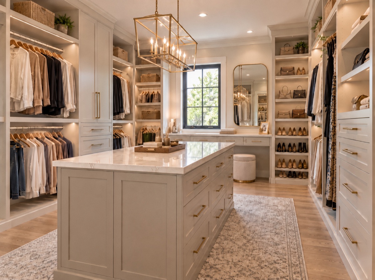 Fitted walk-in dressing room in a primary suite