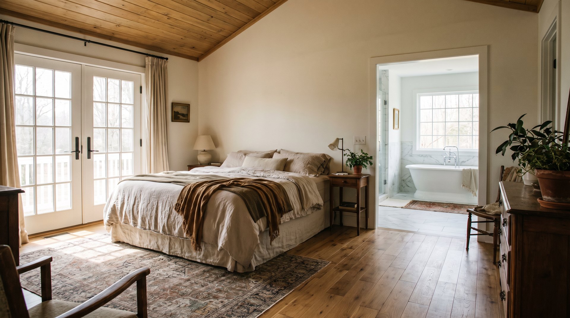 Primary suite bedroom opening to a marble bath