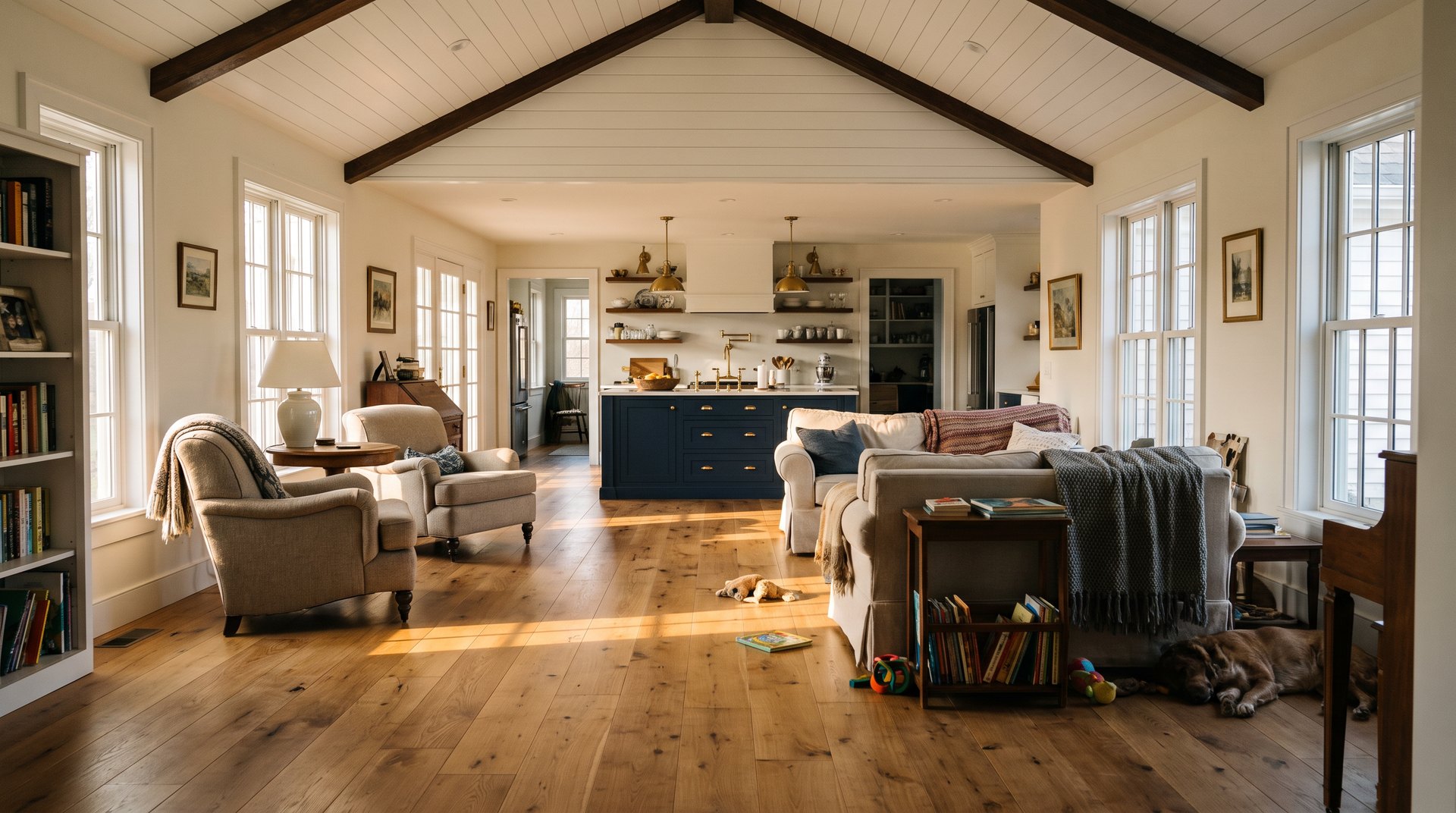 Renovated open living space with new floors and trim