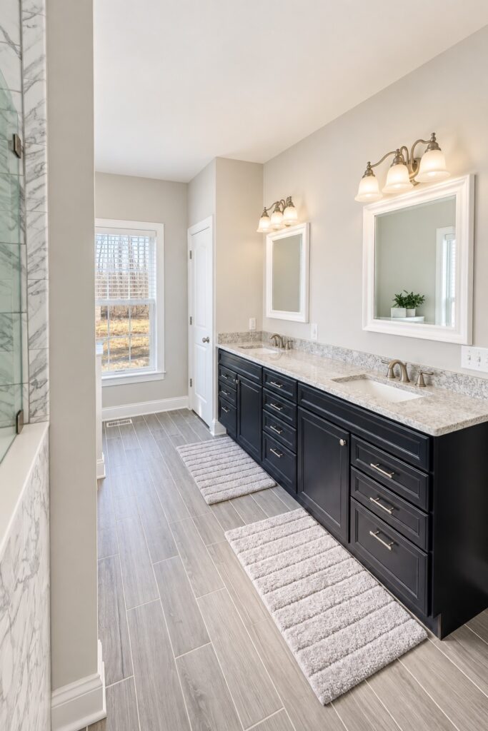 Primary bathroom with a dark double vanity, wide mirror and tiled floor