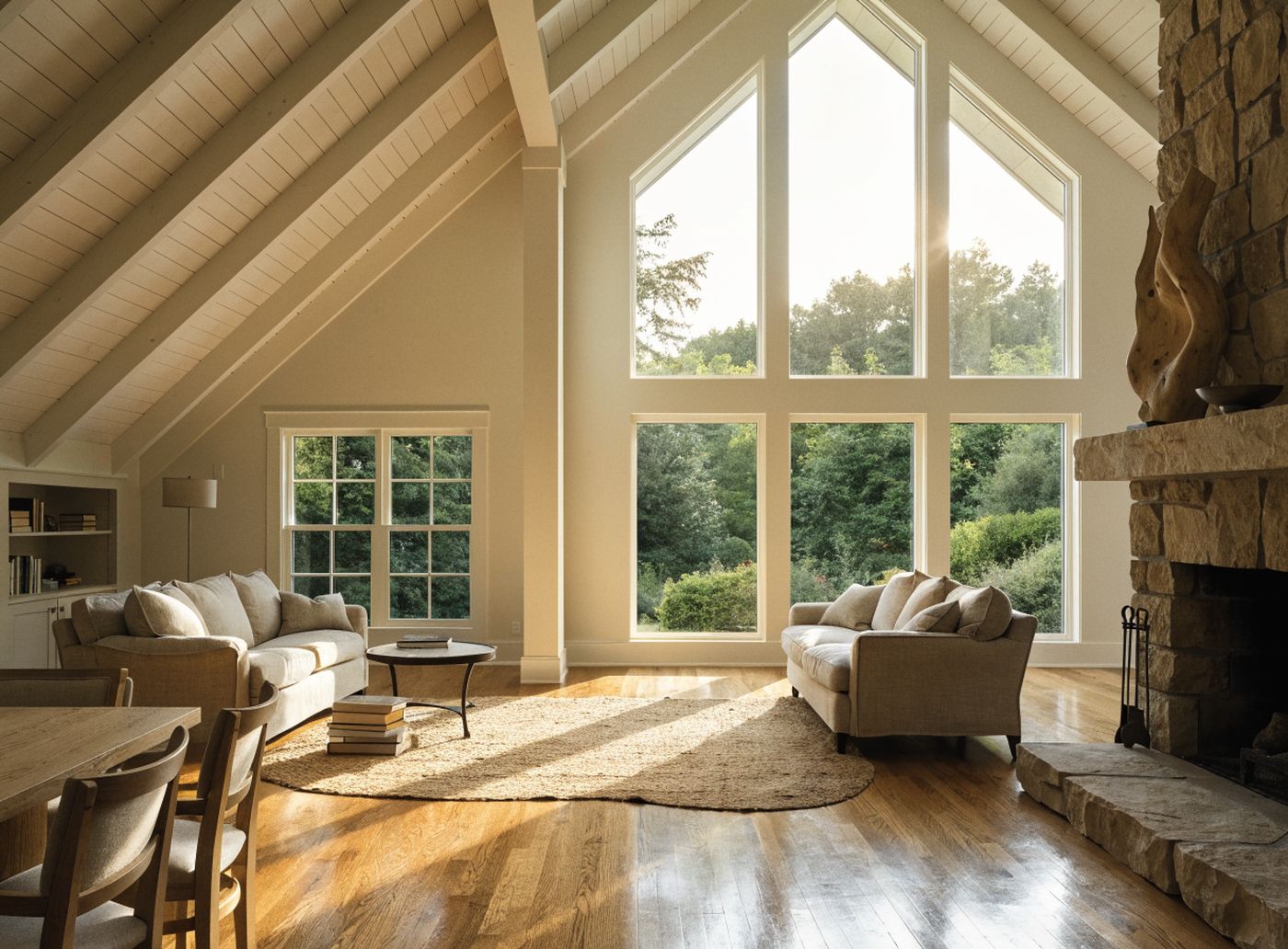 Vaulted great room with stone fireplace