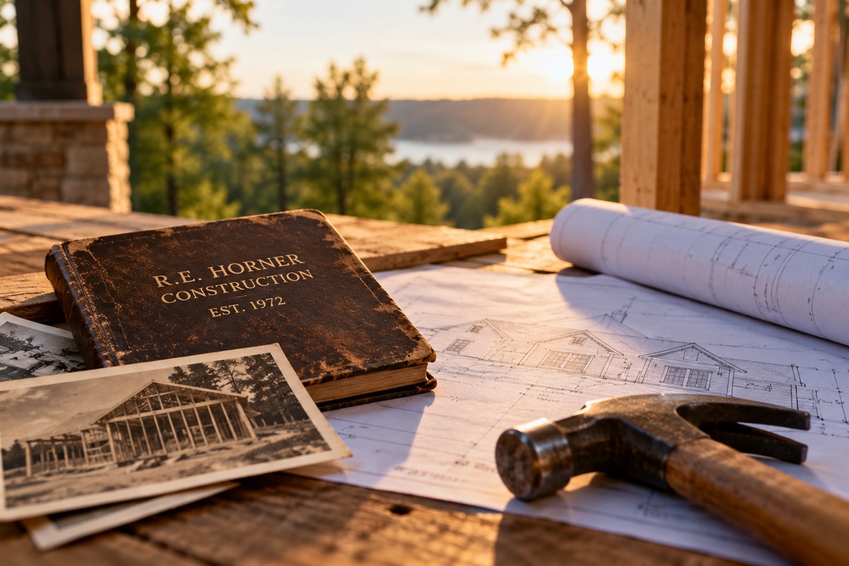R.E. Horner Construction ledger from 1972, with plans and a hammer on a workbench